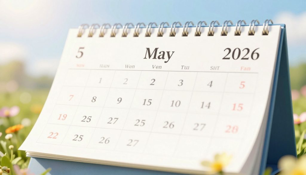 A detailed, artistic depiction of a calendar page open to May 5, 2026, prominently featuring the date in a clear, elegant font. The foreground includes decorative elements such as flowers or icons representing the spring season, exuding a fresh and vibrant atmosphere. In the middle ground, there are subtle astrological symbols reflecting the zodiac sign for that date, possibly a Taurus symbol. The background should be soft and blurred, hinting at a sunny day with gentle clouds and a warm glow, suggesting a positive, uplifting mood. The lighting should be bright yet soft to enhance the cheerful ambiance, shot from a slightly elevated angle to provide a clear view of the calendar and surrounding elements. A detailed, artistic depiction of a calendar page open to May 5, 2026, prominently featuring the date in a clear, elegant font. The foreground includes decorative elements such as flowers or icons representing the spring season, exuding a fresh and vibrant atmosphere. In the middle ground, there are subtle astrological symbols reflecting the zodiac sign for that date, possibly a Taurus symbol. The background should be soft and blurred, hinting at a sunny day with gentle clouds and a warm glow, suggesting a positive, uplifting mood. The lighting should be bright yet soft to enhance the cheerful ambiance, shot from a slightly elevated angle to provide a clear view of the calendar and surrounding elements.