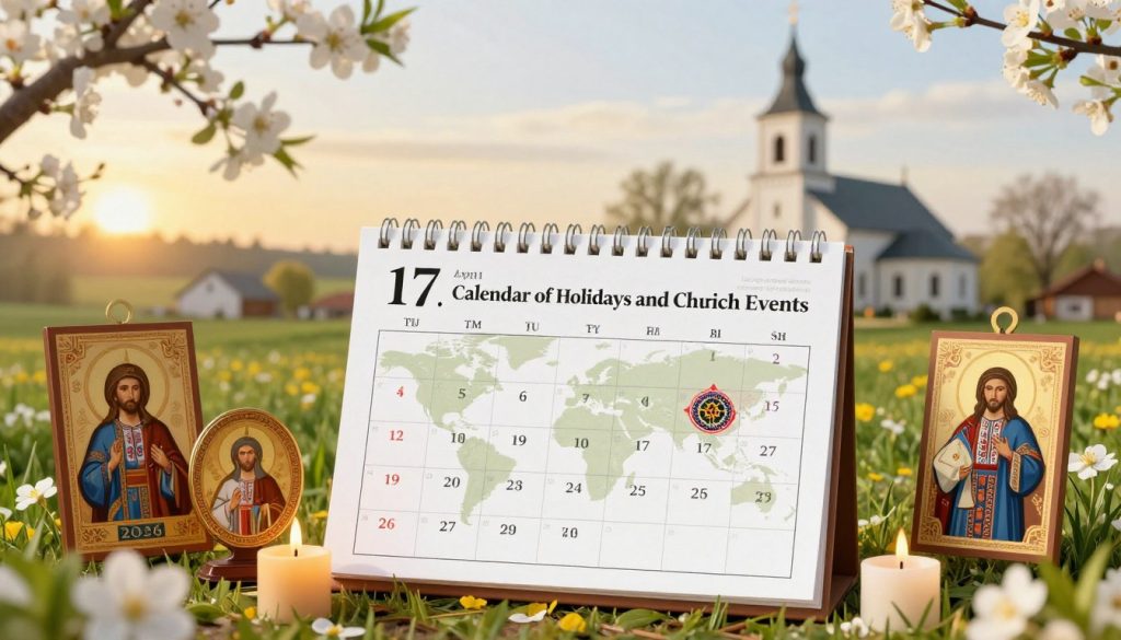 A detailed representation of the "April Calendar of Holidays and Church Events" for Ukraine and the world, focusing on April 17, 2026. In the foreground, arrange varied religious symbols such as candles, icons, and blooming spring flowers to signify renewal and celebration. The middle layer features a beautifully illustrated calendar page marked with key dates and holidays, incorporating cultural elements like traditional Ukrainian motifs. In the background, a soft-focus image of a peaceful countryside church, illuminated by warm golden sunlight, enhancing a serene and reflective mood. Use a vibrant color palette with shades of green, yellow, and white to evoke the joy of spring. The overall atmosphere should be uplifting and harmonious, capturing the essence of faith and community during this festive time. A detailed representation of the "April Calendar of Holidays and Church Events" for Ukraine and the world, focusing on April 17, 2026. In the foreground, arrange varied religious symbols such as candles, icons, and blooming spring flowers to signify renewal and celebration. The middle layer features a beautifully illustrated calendar page marked with key dates and holidays, incorporating cultural elements like traditional Ukrainian motifs. In the background, a soft-focus image of a peaceful countryside church, illuminated by warm golden sunlight, enhancing a serene and reflective mood. Use a vibrant color palette with shades of green, yellow, and white to evoke the joy of spring. The overall atmosphere should be uplifting and harmonious, capturing the essence of faith and community during this festive time.