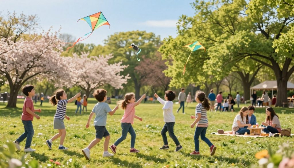 A festive scene capturing a sunny day in May, with cheerful children aged 5 to 10 playing in a lush park. The foreground features a diverse group of children, both boys and girls, dressed in colorful, modest casual clothing, engaging in various activities like flying kites, playing tag, and having a picnic. In the middle ground, blooming flowers and vibrant green trees add life to the scene, while a bright blue sky enhances the atmosphere of joy and celebration. In the background, a distant view of a small gathering with families enjoying an outdoor event can be seen, creating a sense of community. The lighting is warm and inviting, casting soft shadows, with a gentle breeze that suggests the freshness of spring. The overall mood is uplifting and playful, perfect for a memorable day in May.