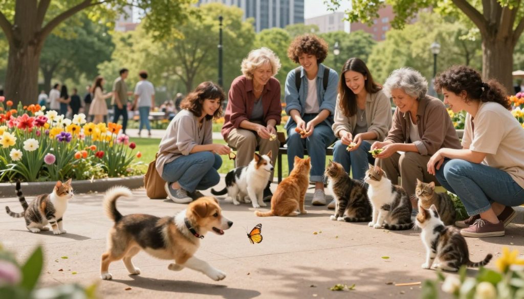 A heartwarming scene depicting World Stray Animals Day, featuring a diverse group of adorable stray animals, including dogs and cats, in a city park setting. In the foreground, a playful puppy chases a butterfly, while a curious kitten observes nearby. In the middle, animal lovers of different ages, dressed in casual attire, gather to feed and care for the animals, exhibiting kindness and compassion. The background showcases a vibrant park filled with blooming flowers, lush green trees, and cheerful people enjoying the day. Soft, warm sunlight filters through the leaves, creating a serene and joyful atmosphere. The image captures the essence of care and celebration for stray animals, inviting viewers to reflect on the importance of animal welfare. A heartwarming scene depicting World Stray Animals Day, featuring a diverse group of adorable stray animals, including dogs and cats, in a city park setting. In the foreground, a playful puppy chases a butterfly, while a curious kitten observes nearby. In the middle, animal lovers of different ages, dressed in casual attire, gather to feed and care for the animals, exhibiting kindness and compassion. The background showcases a vibrant park filled with blooming flowers, lush green trees, and cheerful people enjoying the day. Soft, warm sunlight filters through the leaves, creating a serene and joyful atmosphere. The image captures the essence of care and celebration for stray animals, inviting viewers to reflect on the importance of animal welfare.