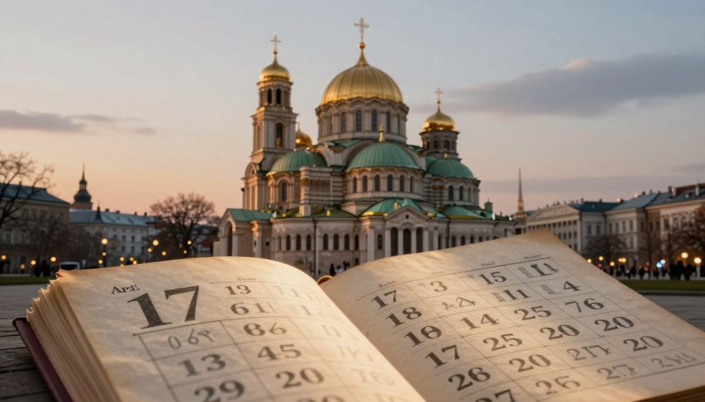 A historical collage depicting significant events that occurred on April 17 throughout history, illustrating a blend of both Ukrainian and global milestones. In the foreground, a stylized representation of an ancient calendar page with marked dates, emphasizing April 17. In the middle ground, iconic landmarks like the St. Sophia Cathedral and famous global structures subtly visible, merging into a harmonious scene. The background features a soft sky at dusk, casting a warm glow, creating a contemplative atmosphere. A gentle light source highlights the calendar, while shadows add depth to the landmarks. The overall mood should evoke a sense of reflection and significance, accompanied by a faint hint of celebration. The art style should be a mix of realism and artistic interpretation, suitable for an educational article. A historical collage depicting significant events that occurred on April 17 throughout history, illustrating a blend of both Ukrainian and global milestones. In the foreground, a stylized representation of an ancient calendar page with marked dates, emphasizing April 17. In the middle ground, iconic landmarks like the St. Sophia Cathedral and famous global structures subtly visible, merging into a harmonious scene. The background features a soft sky at dusk, casting a warm glow, creating a contemplative atmosphere. A gentle light source highlights the calendar, while shadows add depth to the landmarks. The overall mood should evoke a sense of reflection and significance, accompanied by a faint hint of celebration. The art style should be a mix of realism and artistic interpretation, suitable for an educational article.