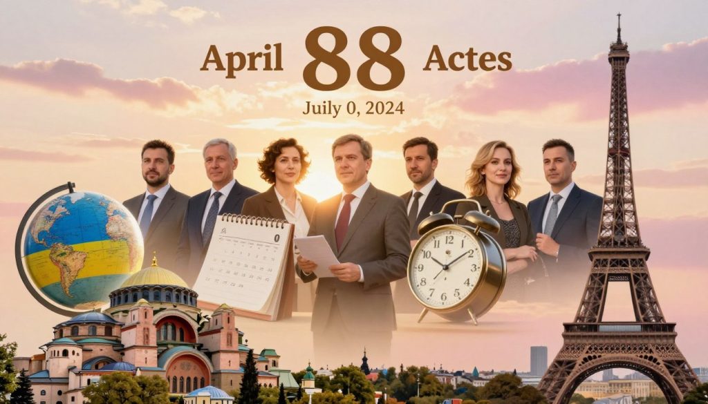 A historical montage illustrating significant events that occurred on April 8 throughout history, focusing on Ukraine and the world. In the foreground, a gentle blend of iconic landmarks such as Saint Sophia's Cathedral and the Eiffel Tower, suggesting a connection between different cultures. In the middle ground, diverse people in professional attire reflect on their historical significance, surrounded by iconic objects like a calendar, a globe, and a clock, symbolizing the passage of time. The background depicts a serene sunrise, casting warm gold and soft pink hues across the sky, creating a hopeful, reflective mood. The lighting is soft and natural, suggesting early morning hours, and the angle is slightly elevated to capture the breadth of history in one cohesive image. The composition is harmonious and engaging, inviting viewers to contemplate the importance of the day.