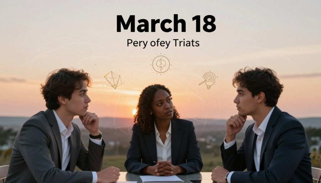 A multi-layered image showcasing the essence of personality traits associated with individuals born on March 18. In the foreground, a diverse group of three people representing different ethnic backgrounds, dressed in professional business attire, are engaging in a thoughtful discussion, their expressions reflecting curiosity and intelligence. In the middle, elements such as astrological symbols and soft, swirling cosmic patterns symbolize energy and compatibility, subtly surrounding the group. The background features a serene landscape at sunset, with soft, warm lighting that creates a reflective atmosphere. The overall mood is inspiring and introspective, inviting viewers to ponder both personal character and astrological influences. Capture the scene with a wide-angle lens for depth, focusing on the harmonious interplay of human connection and cosmic elements, without any text or watermarks. A multi-layered image showcasing the essence of personality traits associated with individuals born on March 18. In the foreground, a diverse group of three people representing different ethnic backgrounds, dressed in professional business attire, are engaging in a thoughtful discussion, their expressions reflecting curiosity and intelligence. In the middle, elements such as astrological symbols and soft, swirling cosmic patterns symbolize energy and compatibility, subtly surrounding the group. The background features a serene landscape at sunset, with soft, warm lighting that creates a reflective atmosphere. The overall mood is inspiring and introspective, inviting viewers to ponder both personal character and astrological influences. Capture the scene with a wide-angle lens for depth, focusing on the harmonious interplay of human connection and cosmic elements, without any text or watermarks.