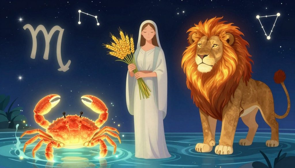 A mystical and celestial depiction of a horoscope for the zodiac signs Cancer, Leo, and Virgo. In the foreground, represent Cancer as a glowing, gentle crab surrounded by soft, shimmering water. Next to it, illustrate a majestic lion symbolizing Leo, radiating warmth and confidence with a fiery mane. In the middle, depict Virgo as a serene maiden holding a bouquet of wheat, embodying grace and earthiness. The background should feature a starry night sky, with constellations clearly visible, casting a tranquil glow on the scene. Use a soft, ethereal lighting to create an inviting and harmonious atmosphere, capturing a sense of wonder and connection to the cosmos. The scene should be lush and vibrant, inviting viewers into the world of astrology.