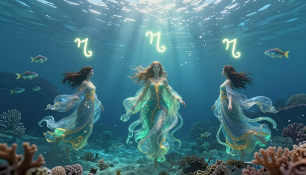 A mystical and serene underwater scene depicting the trial period for three zodiac signs during the Pisces season. In the foreground, three ethereal figures representing the signs, adorned in flowing robes that mimic ocean waves, are surrounded by swirling colors of blue, green, and hints of gold. Each figure displays distinct zodiac symbols subtly glowing, reflecting their unique characteristics. The middle ground features luminous fish swimming gracefully, symbolizing intuition and transformation. In the background, a tranquil underwater landscape with soft coral formations and beams of light filtering through the water creates a harmonious and otherworldly atmosphere. The scene is illuminated with soft, diffused lighting, enhancing the sense of calm and reflection, captured from a slightly elevated angle to give depth to the composition. A mystical and serene underwater scene depicting the trial period for three zodiac signs during the Pisces season. In the foreground, three ethereal figures representing the signs, adorned in flowing robes that mimic ocean waves, are surrounded by swirling colors of blue, green, and hints of gold. Each figure displays distinct zodiac symbols subtly glowing, reflecting their unique characteristics. The middle ground features luminous fish swimming gracefully, symbolizing intuition and transformation. In the background, a tranquil underwater landscape with soft coral formations and beams of light filtering through the water creates a harmonious and otherworldly atmosphere. The scene is illuminated with soft, diffused lighting, enhancing the sense of calm and reflection, captured from a slightly elevated angle to give depth to the composition.