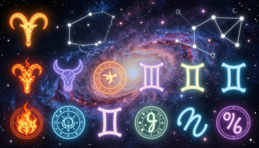 A mystical and vibrant representation of the zodiac signs in an artistic style. In the foreground, twelve distinct zodiac symbols are illustrated with intricate designs and colors, each reflecting its unique characteristics and elements—like fiery Aries, earthy Taurus, airy Gemini, and watery Cancer. In the middle, a cosmic background filled with twinkling stars, nebulas, and constellations sets the atmosphere, evoking a sense of wonder and astrology. The lighting is soft yet ethereal, creating a dream-like feel around the signs, and a subtle glow radiates from the zodiac symbols. The overall mood is enchanting and reflective, inviting viewers to contemplate their horoscopes while immersing them in the richness of astrological traditions.