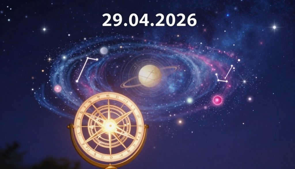 A mystical astrological background representing the horoscope for 29.04.2026. In the foreground, a glowing astrolabe intricately designed with zodiac symbols, positioned elegantly against a cosmic backdrop. The middle layer includes ethereal representations of celestial bodies, such as a highlighted Uranus symbol, surrounded by swirling cosmic dust and vibrant constellations. In the background, a deep indigo night sky speckled with twinkling stars and faint nebulae, illuminated by a soft, magical light that evokes a sense of wonder and introspection. The overall mood is contemplative and insightful, suggesting key changes and transformations connected to the astrological influences. Employ a soft focus lens effect to enhance the ethereal atmosphere, with warm lighting reflecting off the astrolabe. A mystical astrological background representing the horoscope for 29.04.2026. In the foreground, a glowing astrolabe intricately designed with zodiac symbols, positioned elegantly against a cosmic backdrop. The middle layer includes ethereal representations of celestial bodies, such as a highlighted Uranus symbol, surrounded by swirling cosmic dust and vibrant constellations. In the background, a deep indigo night sky speckled with twinkling stars and faint nebulae, illuminated by a soft, magical light that evokes a sense of wonder and introspection. The overall mood is contemplative and insightful, suggesting key changes and transformations connected to the astrological influences. Employ a soft focus lens effect to enhance the ethereal atmosphere, with warm lighting reflecting off the astrolabe.