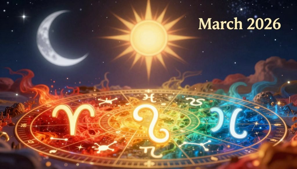 A mystical astrological scene representing the daily horoscope for March 28, 2026. In the foreground, a celestial chart displaying the zodiac signs prominently features Aries, Leo, and Pisces, surrounded by charming astrological symbols and constellations glowing softly. The middle ground blends vibrant colors of fiery red and gold for Aries, warm yellow and orange hues for Leo, and calming blues and greens for Pisces, creating a harmonious flow. In the background, a starry night sky with a radiant sun shining alongside a shimmering crescent moon evokes an otherworldly atmosphere. The lighting is ethereal, with a soft focus on the zodiac symbols to enhance the mystical effect. The overall mood is insightful and inspiring, inviting viewers to reflect on the cosmic influences of the day.