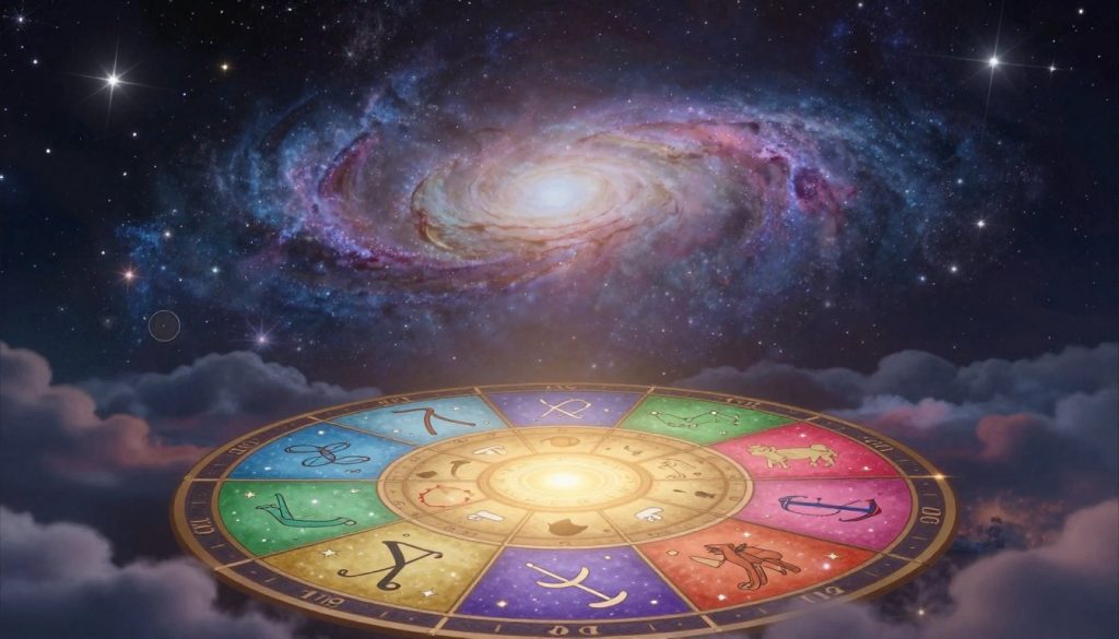 A mystical astrological scene set in a serene celestial landscape. In the foreground, a beautifully illustrated zodiac wheel featuring the twelve signs in vivid colors, each symbol delicately adorned with stars and constellations. A soft golden light emanates from the center, illuminating the zodiac symbols. In the middle ground, a cosmic backdrop filled with swirling galaxies and shimmering stars, creating a sense of infinite depth. The background should feature a night sky blended with ethereal clouds, reflecting the tranquil mood of introspection and guidance. The lighting should convey a gentle, dreamlike atmosphere, inviting the viewer into the world of horoscopes and astrology. The scene is harmonious and captivating, evoking curiosity and wonder without any text or distractions.