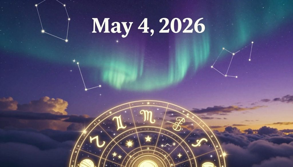 A mystical astrological scene themed around the horoscope of May 4, 2026, featuring a symbolic representation of the zodiac signs. In the foreground, a beautifully illustrated astrological wheel adorned with stars and planets, each zodiac symbol intricately designed and glowing softly. The middle layer presents a celestial background with a sky filled with constellations and a gentle aurora illuminating the scene, evoking a sense of wonder. In the background, soft clouds drift under a deep twilight sky, blending hues of purple, blue, and gold. The lighting creates a serene twilight atmosphere, casting delicate shadows that add depth. This image should evoke a sense of curiosity and introspection, celebrating the birthday's astrological significance with an enchanting and harmonious quality. A mystical astrological scene themed around the horoscope of May 4, 2026, featuring a symbolic representation of the zodiac signs. In the foreground, a beautifully illustrated astrological wheel adorned with stars and planets, each zodiac symbol intricately designed and glowing softly. The middle layer presents a celestial background with a sky filled with constellations and a gentle aurora illuminating the scene, evoking a sense of wonder. In the background, soft clouds drift under a deep twilight sky, blending hues of purple, blue, and gold. The lighting creates a serene twilight atmosphere, casting delicate shadows that add depth. This image should evoke a sense of curiosity and introspection, celebrating the birthday's astrological significance with an enchanting and harmonious quality.
