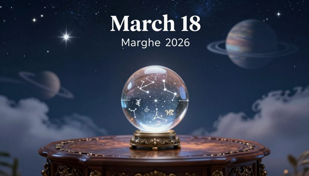 A mystical representation of the astrological themes for March 18, 2026. In the foreground, a serene crystal ball sits atop an ornate, richly carved wooden table, reflecting constellations and zodiac symbols. The middle layer features a starry night sky with shimmering stars and planets, casting a gentle, celestial glow on the scene. In the background, delicate wisps of clouds drift, suggesting an ethereal atmosphere. The lighting is soft and enchanting, with moonlight illuminating the crystal ball, enhancing its magical allure. The overall mood is one of contemplation and inspiration, embodying the influences of the day within a harmonious and inviting environment. No people are present in the image. A mystical representation of the astrological themes for March 18, 2026. In the foreground, a serene crystal ball sits atop an ornate, richly carved wooden table, reflecting constellations and zodiac symbols. The middle layer features a starry night sky with shimmering stars and planets, casting a gentle, celestial glow on the scene. In the background, delicate wisps of clouds drift, suggesting an ethereal atmosphere. The lighting is soft and enchanting, with moonlight illuminating the crystal ball, enhancing its magical allure. The overall mood is one of contemplation and inspiration, embodying the influences of the day within a harmonious and inviting environment. No people are present in the image.