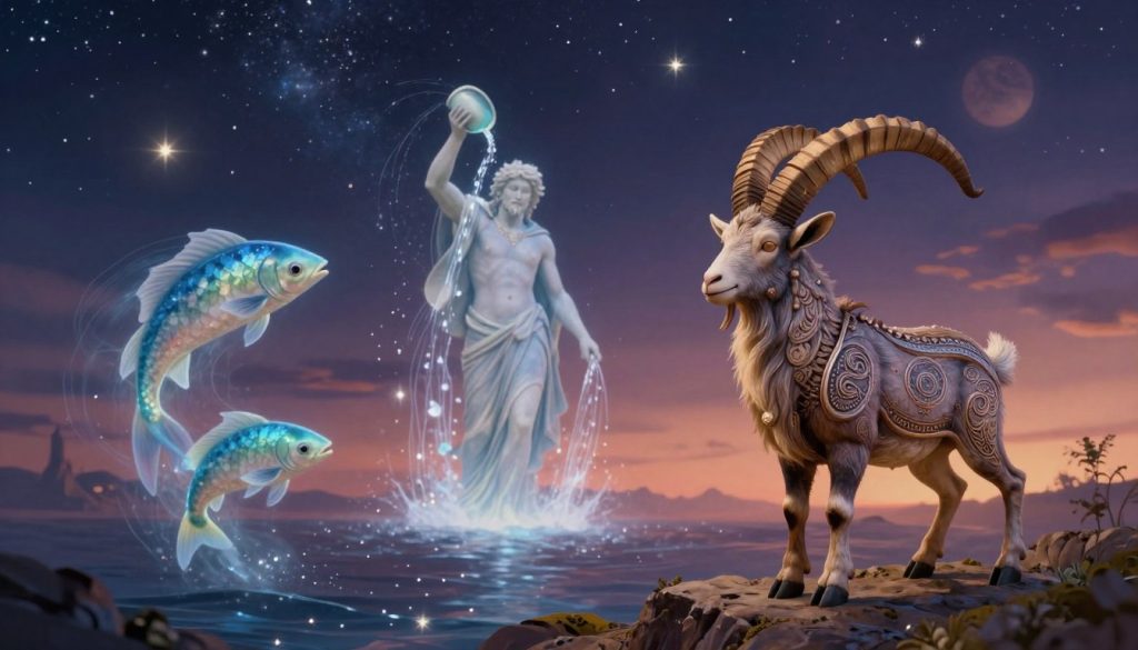 A mystical representation of the zodiac signs Capricorn, Aquarius, and Pisces, set in a celestial landscape. In the foreground, an artistic depiction of Capricorn, a goat with intricate details, standing on rocky terrain. In the middle ground, Aquarius is illustrated as a figure pouring water from a vessel, surrounded by flowing streams of light, symbolizing creativity and transformation. To the left, Pisces appears as two ethereal fish swimming gracefully together, blending into a cosmic ocean filled with stars. The background features a deep twilight sky speckled with shimmering stars and soft glowing planets, casting a serene light on the scene. Capture this in a dreamy, painterly style with soft focus for a tranquil and enchanting atmosphere. The lighting should be warm and inviting, enhancing the celestial essence of the zodiac theme.