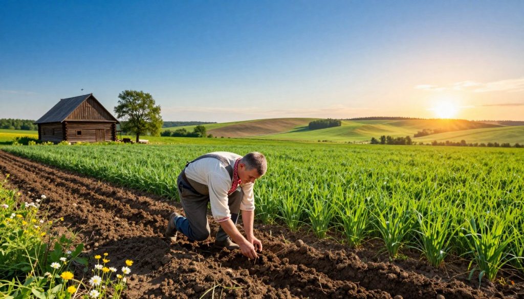 A picturesque rural scene on May 10, 2026, celebrating the folk traditions of Semen the Early Sower. In the foreground, a traditional Ukrainian farmer, dressed in modest, casual clothing, plants seeds in dark, rich soil under a clear blue sky. Vibrant green crops stretch across the middle ground, symbolizing growth and fertility. A nearby wooden barn and blooming wildflowers add color and depth. The background features gentle rolling hills and a distant sun setting, casting a warm, golden light over the landscape, creating a serene and hopeful atmosphere. The image should evoke a sense of connection to nature and the importance of agricultural traditions. No text or logos included.