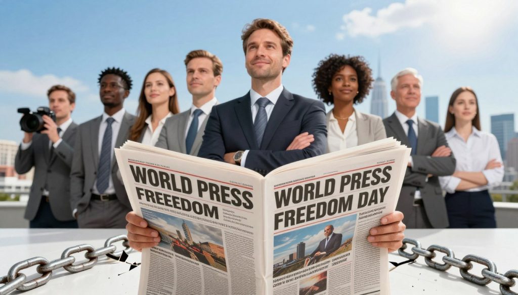 A powerful depiction of World Press Freedom Day, celebrated on May 3rd. In the foreground, an open newspaper features vibrant headlines and articles about freedom and journalism, surrounded by symbolic elements like a broken chain representing liberation. The middle ground shows a diverse group of professionals in business attire, including a journalist, a photographer, and an editor, standing together, united in purpose, looking hopeful and determined. The background features a city skyline under a bright blue sky, symbolizing transparency and openness. The lighting is bright and optimistic, evoking a sense of awareness and importance. Capture an uplifting atmosphere that highlights the significance of press freedom in society. No text, logos, or distractions in the image. A powerful depiction of World Press Freedom Day, celebrated on May 3rd. In the foreground, an open newspaper features vibrant headlines and articles about freedom and journalism, surrounded by symbolic elements like a broken chain representing liberation. The middle ground shows a diverse group of professionals in business attire, including a journalist, a photographer, and an editor, standing together, united in purpose, looking hopeful and determined. The background features a city skyline under a bright blue sky, symbolizing transparency and openness. The lighting is bright and optimistic, evoking a sense of awareness and importance. Capture an uplifting atmosphere that highlights the significance of press freedom in society. No text, logos, or distractions in the image.