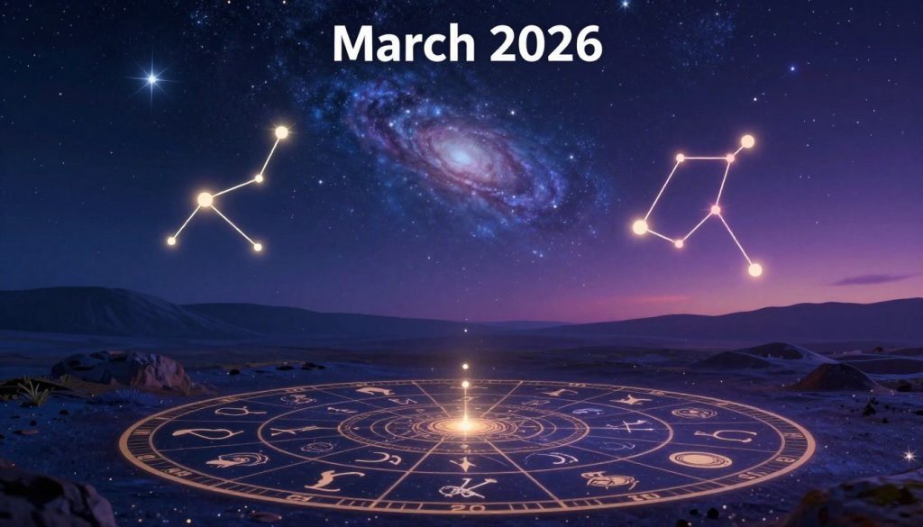 A richly detailed astrological illustration representing the horoscope for March 26, 2026. In the foreground, a circular zodiac wheel displaying all twelve signs with intricate symbols and celestial motifs. In the middle, a serene cosmic landscape featuring twinkling stars, swirling galaxies, and a vibrant night sky that transitions from deep indigo to soft twilight hues. The background includes a mystical horizon with softly glowing constellations, each sign radiating light in varying colors to signify unique energies. Soft ambient lighting creates a tranquil atmosphere, highlighting the ethereal beauty of the zodiac symbols. The overall mood is calm and contemplative, inviting viewers to delve into the mysteries of astrology.