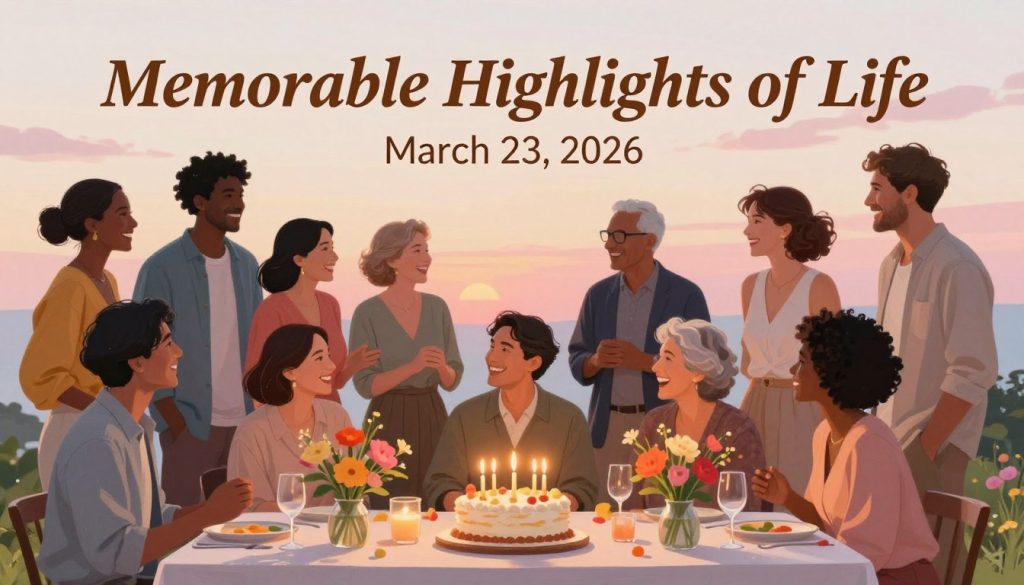 A serene and celebratory scene representing "Memorable Highlights of Life" on March 23, 2026. In the foreground, a beautifully decorated table with a cake and candles, surrounded by vibrant flowers symbolizing various life events. In the middle ground, a diverse group of people, dressed in smart casual attire, joyfully sharing stories and laughter, embodying a festive atmosphere. In the background, soft pastel colors create a dreamy sunset, adding warmth and positivity to the image. The lighting is soft and inviting, with gentle highlights showcasing the joyful expressions of the people. A sense of nostalgia and happiness fills the scene, making it a perfect illustration of celebration and significant moments in life.