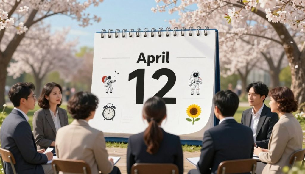 A serene and contemplative April day, focusing on memorable historical events. In the foreground, a diverse group of people dressed in professional attire engage in conversation, exchanging ideas and reflecting on the significance of the day. In the middle, a large calendar page displays "April 12" prominently, surrounded by symbols representing notable historical occurrences, such as an astronaut representing space exploration, a vintage clock symbolizing time, and a sunflower for spring renewal. The background features a soft-focus park setting with blossoming trees and clear blue skies, illuminated by warm sunlight, creating an inviting atmosphere. The image conveys a sense of knowledge, reflection, and celebration of history, with a balanced composition showcasing harmony and tranquility.