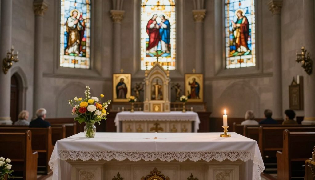 A serene and contemplative church interior on April 21st, with a focus on a beautifully adorned altar displaying symbolic elements representing the church's memory for this date. In the foreground, a soft candlelight flickers, casting gentle shadows over a small bouquet of spring flowers placed on the altar, evoking a sense of renewal and reverence. The middle ground features elegant religious icons and stained glass windows depicting scenes of celebration, illuminated by the warm light of a clear spring day. The background reveals the church's wooden pews, arranged for attendees, inviting a tranquil atmosphere of reflection. The lighting is soft and warm, creating a peaceful ambiance, with a shallow depth of field that draws attention to the altar, capturing the respect and solemnity of the occasion. A serene and contemplative church interior on April 21st, with a focus on a beautifully adorned altar displaying symbolic elements representing the church's memory for this date. In the foreground, a soft candlelight flickers, casting gentle shadows over a small bouquet of spring flowers placed on the altar, evoking a sense of renewal and reverence. The middle ground features elegant religious icons and stained glass windows depicting scenes of celebration, illuminated by the warm light of a clear spring day. The background reveals the church's wooden pews, arranged for attendees, inviting a tranquil atmosphere of reflection. The lighting is soft and warm, creating a peaceful ambiance, with a shallow depth of field that draws attention to the altar, capturing the respect and solemnity of the occasion.