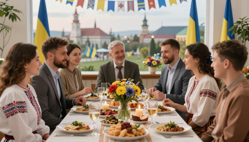 A serene and festive scene depicting memorable dates and celebrations on April 8, 2026, in Ukraine and around the world. In the foreground, a beautifully arranged table adorned with traditional Ukrainian dishes, colorful flowers, and candles, symbolizing various holidays. In the middle, diverse individuals dressed in professional and modest casual attire gather, smiling and sharing moments, reflecting cultural diversity and unity. The background features a vibrant landscape with flags, banners, and iconic landmarks, hinting at global festivities. Soft, warm lighting creates a welcoming and joyful atmosphere, with a gentle depth of field effect highlighting the foreground elements. The image conveys a sense of celebration, togetherness, and cultural significance, ideal for illustrating memorable dates.