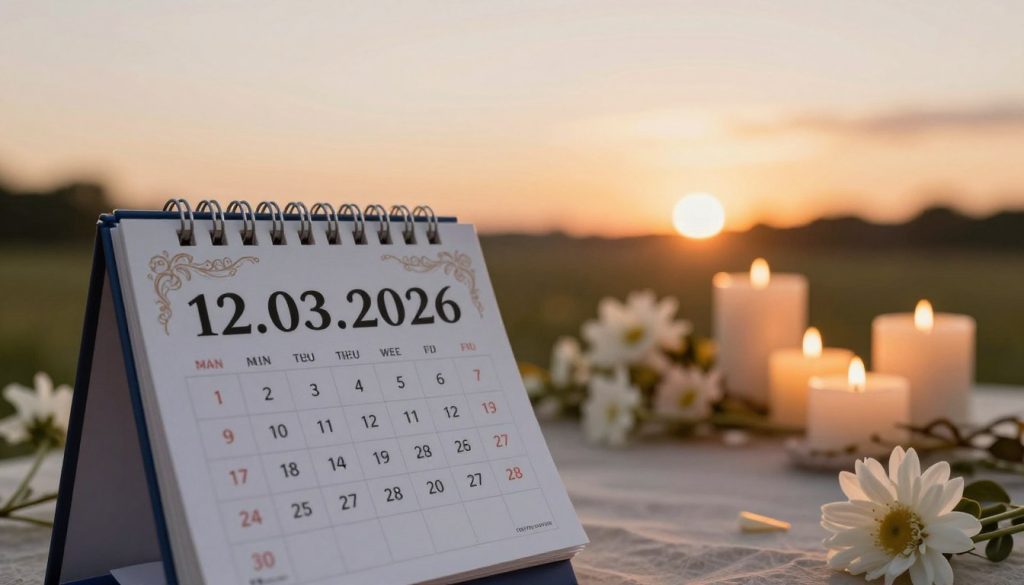 A serene and inspirational scene depicting a calendar page marked with the date "12.03.2026," surrounded by symbols of various celebrations. In the foreground, a beautifully designed calendar with ornate elements showcasing state, international, and religious holidays. The middle ground features delicately arranged flowers and candles, symbolizing remembrance and festivity, while a soft glow of warm candlelight illuminates the details. In the background, a gentle sunset casts a golden hue over the scene, evoking a sense of reflection and significance. The atmosphere is peaceful and celebratory, inviting viewers to contemplate the importance of the day. Soft, diffused lighting enhances the mood, creating an inviting space that conveys respect and appreciation for the special dates being commemorated. A serene and inspirational scene depicting a calendar page marked with the date "12.03.2026," surrounded by symbols of various celebrations. In the foreground, a beautifully designed calendar with ornate elements showcasing state, international, and religious holidays. The middle ground features delicately arranged flowers and candles, symbolizing remembrance and festivity, while a soft glow of warm candlelight illuminates the details. In the background, a gentle sunset casts a golden hue over the scene, evoking a sense of reflection and significance. The atmosphere is peaceful and celebratory, inviting viewers to contemplate the importance of the day. Soft, diffused lighting enhances the mood, creating an inviting space that conveys respect and appreciation for the special dates being commemorated.
