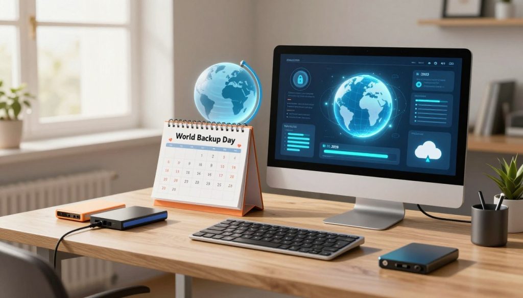 A serene and organized workspace reflecting the concept of "World Backup Day." In the foreground, a sleek, modern computer setup with an animated digital interface displaying backup progress bars, surrounded by colorful external hard drives and cloud storage icons. In the middle ground, a calendar page marked with the date March 31, 2026, showcasing a cheerful design, alongside a glowing globe symbolizing global connectivity and data security. In the background, soft light spills in through a window, creating a warm and inviting atmosphere. The mood is optimistic and productive, promoting the importance of data safety. Use a wide-angle lens to capture the entire scene, ensuring the elements are clear and visually appealing.