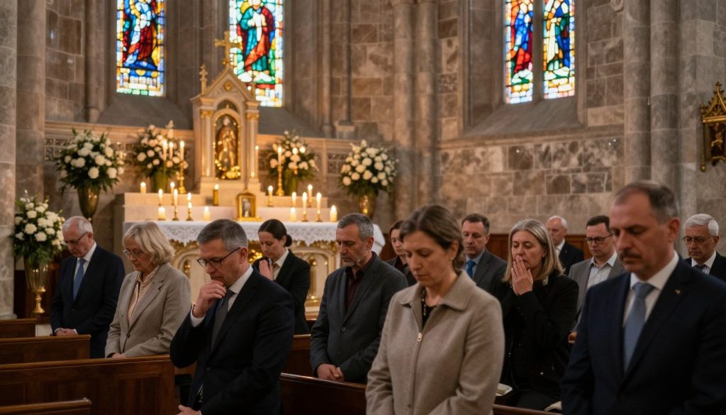 A serene and reverent church interior, showcasing a small congregation gathered for the feast of the martyr Vasily of Antioch. In the foreground, a group of people in modest, professional attire are engaged in prayer, their expressions reflecting spirituality and contemplation. The middle layer features a beautifully ornate altar adorned with candles and flowers, softly glowing in warm candlelight. The background reveals stained-glass windows, casting colorful light patterns across the stone walls, enhancing the atmosphere of reverence. The scene is illuminated by gentle, diffused lighting, creating a peaceful and uplifting mood, with the camera angle positioned at eye-level to encapsulate the solemnity of the moment. A serene and reverent church interior, showcasing a small congregation gathered for the feast of the martyr Vasily of Antioch. In the foreground, a group of people in modest, professional attire are engaged in prayer, their expressions reflecting spirituality and contemplation. The middle layer features a beautifully ornate altar adorned with candles and flowers, softly glowing in warm candlelight. The background reveals stained-glass windows, casting colorful light patterns across the stone walls, enhancing the atmosphere of reverence. The scene is illuminated by gentle, diffused lighting, creating a peaceful and uplifting mood, with the camera angle positioned at eye-level to encapsulate the solemnity of the moment.
