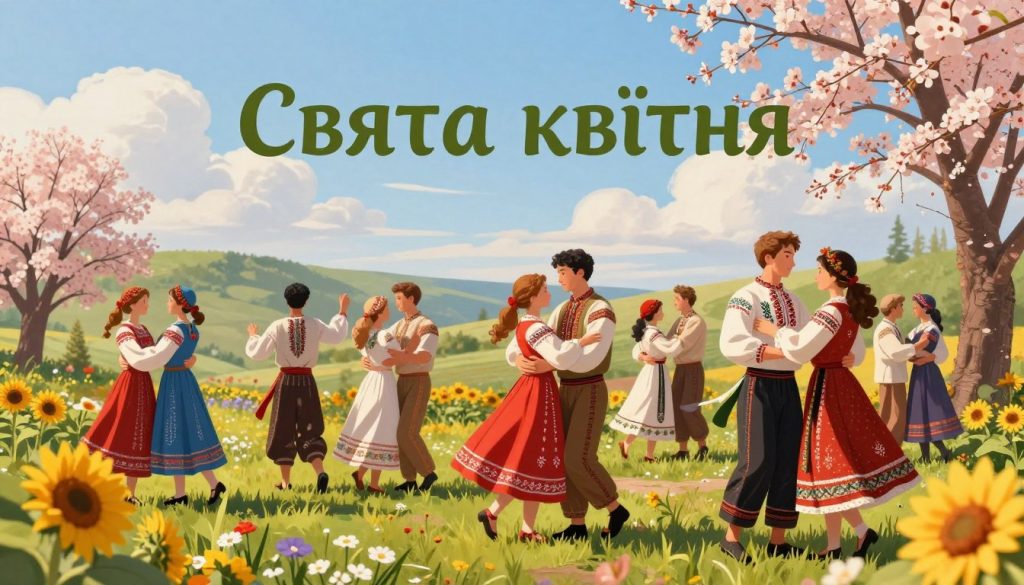 A serene and vibrant celebration scene depicting "Свята квітня" (April Holidays) in Ukraine. In the foreground, a diverse group of people dressed in colorful traditional attire, joyfully participating in various spring activities, such as dancing and embracing, showcasing cultural unity. The middle ground features blooming flowers, such as cherry blossoms and sunflowers, symbolizing the rejuvenation of spring. Background elements include a clear blue sky with soft, fluffy clouds, and distant rolling hills. The lighting is warm and inviting, creating a cheerful and festive atmosphere. The angle should suggest a dynamic composition, inviting viewers into this bright and joyous occasion. Focus on creating a sense of community and celebration, capturing the essence of April festivities.