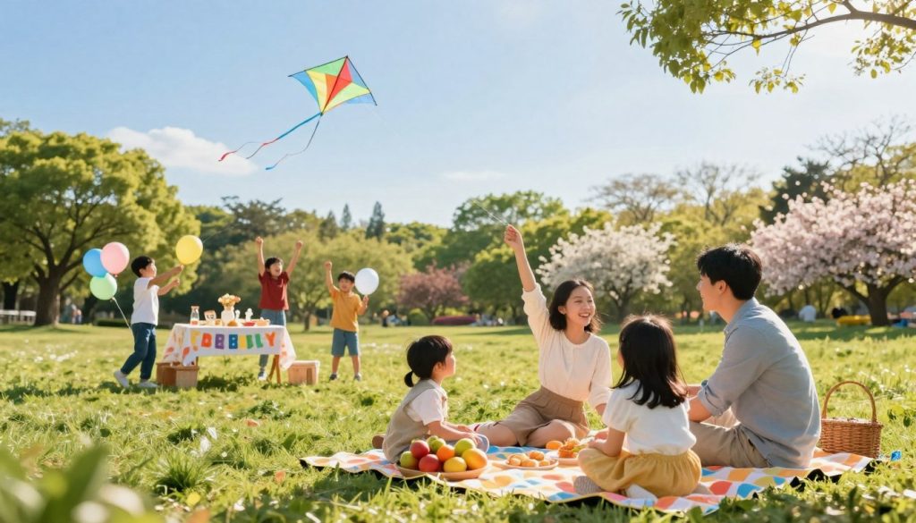 A serene and vibrant scene capturing the essence of a cheerful day, set on March 7th, 2026. In the foreground, a happy family is gathered in a sunlit park, sharing a festive picnic, with colorful blankets and a basket filled with fruits and pastries. In the middle ground, a group of children plays joyfully, flying kites in a clear blue sky, while a table adorned with decorations and balloons represents a celebration. The background features lush green trees and blooming flowers, bathed in warm sunlight, creating an inviting atmosphere of togetherness. The image conveys a sense of joy and harmony, evoking the spirit of celebration and the warmth of the day's significance. The lighting is soft and radiant, with a lens focused on the family, using a shallow depth of field to enhance emotional warmth.