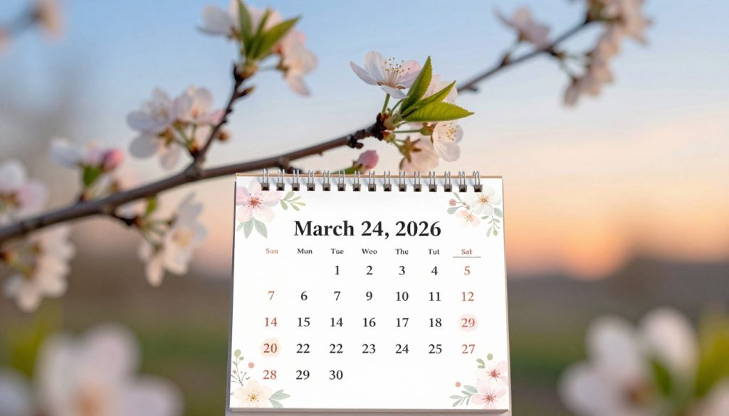 A serene and visually striking calendar page displaying the date "March 24, 2026." The foreground features an elegant, stylish calendar with a highlighted date, surrounded by delicate floral motifs in soft pastels. The middle ground includes seasonal elements representing the arrival of spring, such as blooming flowers and fresh green leaves. In the background, a tranquil sky transitions from light blue to soft orange hints of sunset, creating a warm atmosphere. The lighting is soft and natural, evoking a sense of renewal. A subtle lens blur enhances the softness of the colors, adding depth. The overall mood reflects joy and celebration, suitable for an important date. A serene and visually striking calendar page displaying the date "March 24, 2026." The foreground features an elegant, stylish calendar with a highlighted date, surrounded by delicate floral motifs in soft pastels. The middle ground includes seasonal elements representing the arrival of spring, such as blooming flowers and fresh green leaves. In the background, a tranquil sky transitions from light blue to soft orange hints of sunset, creating a warm atmosphere. The lighting is soft and natural, evoking a sense of renewal. A subtle lens blur enhances the softness of the colors, adding depth. The overall mood reflects joy and celebration, suitable for an important date.