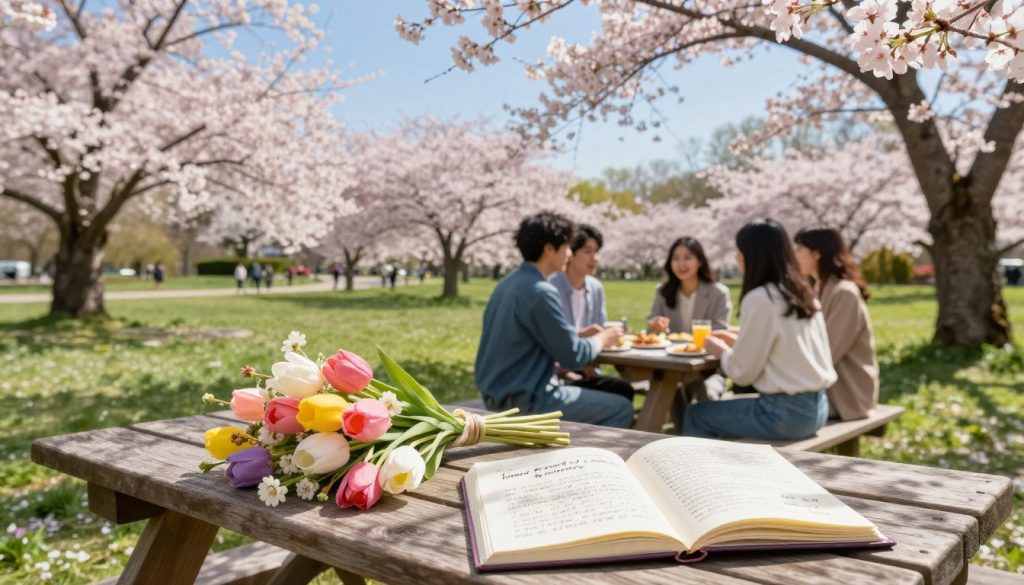 A serene April day in 2026, featuring a vibrant landscape with blooming flowers and lush greenery. In the foreground, a wooden picnic table adorned with a colorful spring bouquet and an open journal showcasing notes on birthdays and horoscopes. In the middle ground, a group of three young people in casual, smart clothing are engaged in conversation, celebrating a small gathering under a clear blue sky. The background reveals a tranquil park setting, with cherry blossom trees in full bloom and gentle sunlight filtering through the branches, creating a warm and inviting atmosphere. The image should capture the essence of springtime renewal, joy, and community spirit, evoking a sense of optimism and reflection. Shoot from a slightly elevated angle to cover the scene comprehensively, ensuring a balanced composition.