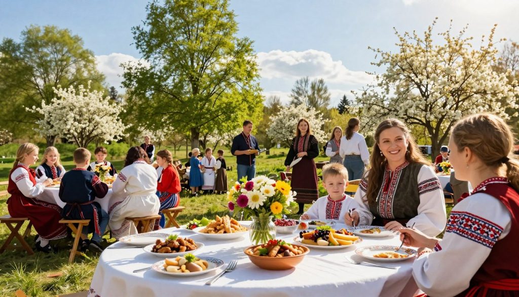 A serene celebration of "свято березня" on March 9th in Ukraine, featuring a vibrant outdoor scene. In the foreground, a traditional table adorned with a variety of local dishes and seasonal flowers, symbolizing fertility and renewal. The middle layer includes joyful families and friends enjoying the festivities, dressed in modest traditional attire, reflecting cultural heritage. In the background, lush green trees and blooming blossoms create a picturesque backdrop under a bright blue sky, bathed in warm, golden sunlight, adding a cheerful atmosphere. The image captures a sense of community and joy, inviting viewers to immerse in the celebration. Use a wide-angle lens to emphasize the scale and details of the gathering, and ensure the mood is uplifting and joyful, highlighting the spirit of the holiday. A serene celebration of "свято березня" on March 9th in Ukraine, featuring a vibrant outdoor scene. In the foreground, a traditional table adorned with a variety of local dishes and seasonal flowers, symbolizing fertility and renewal. The middle layer includes joyful families and friends enjoying the festivities, dressed in modest traditional attire, reflecting cultural heritage. In the background, lush green trees and blooming blossoms create a picturesque backdrop under a bright blue sky, bathed in warm, golden sunlight, adding a cheerful atmosphere. The image captures a sense of community and joy, inviting viewers to immerse in the celebration. Use a wide-angle lens to emphasize the scale and details of the gathering, and ensure the mood is uplifting and joyful, highlighting the spirit of the holiday.