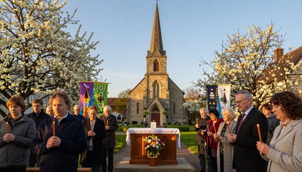 A serene church celebration in April, set in a quaint village surrounded by blooming flowers. In the foreground, a group of modestly dressed individuals holds candles, their faces illuminated by soft, warm light, reflecting a sense of devotion. In the middle ground, a beautifully decorated wooden altar adorned with spring flowers is visible, flanked by vibrant banners symbolizing the religious significance of the day. The background features a charming stone church with a classic steeple, set against a clear blue sky. Gentle sunlight casts a golden hue over the scene, creating a peaceful and joyous atmosphere, evoking a sense of community and tradition during this sacred occasion of April 3rd. The image captures the essence of the church celebration while remaining focused on the spiritual connection and tradition of the day. A serene church celebration in April, set in a quaint village surrounded by blooming flowers. In the foreground, a group of modestly dressed individuals holds candles, their faces illuminated by soft, warm light, reflecting a sense of devotion. In the middle ground, a beautifully decorated wooden altar adorned with spring flowers is visible, flanked by vibrant banners symbolizing the religious significance of the day. The background features a charming stone church with a classic steeple, set against a clear blue sky. Gentle sunlight casts a golden hue over the scene, creating a peaceful and joyous atmosphere, evoking a sense of community and tradition during this sacred occasion of April 3rd. The image captures the essence of the church celebration while remaining focused on the spiritual connection and tradition of the day.