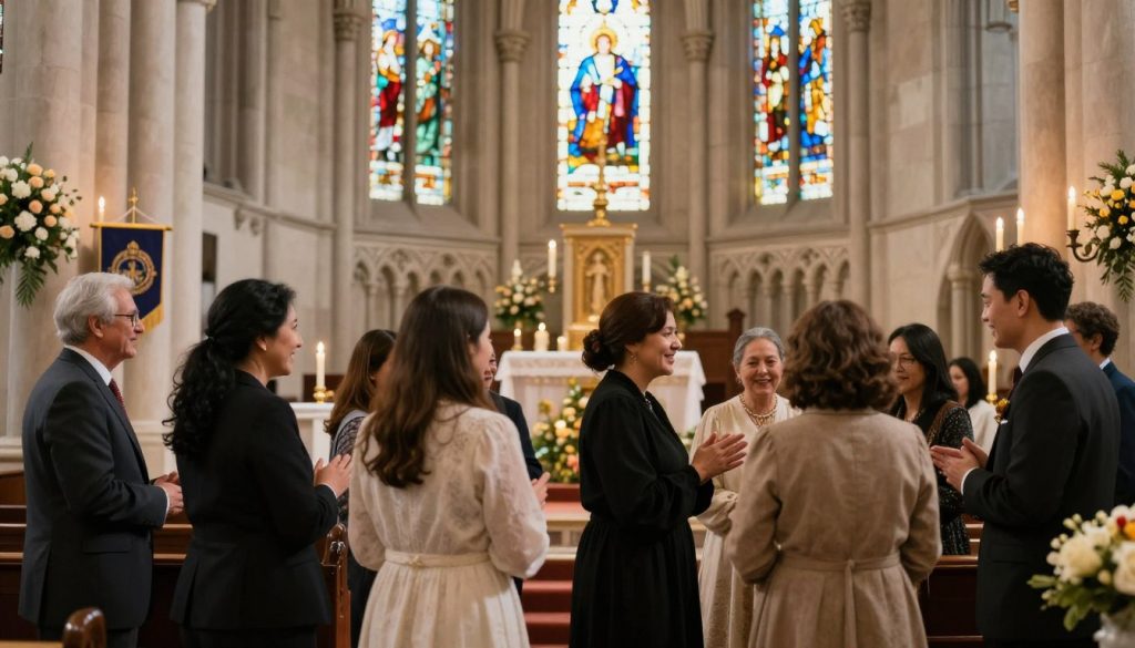 A serene church celebration scene on April 1st, 2026, capturing the essence of a religious holiday. Foreground features a group of diverse people, dressed in elegant, modest attire, joyfully mingling and exchanging warm greetings. In the middle ground, various religious symbols and decorations—candles, flowers, and banners—create a festive atmosphere. A beautifully adorned church interior fills the background, with stained glass windows allowing colorful light to filter through, casting a gentle glow. The overall mood is joyful and reflective, embodying the spirit of community and celebration. The image should be illuminated with soft, warm lighting, creating an inviting and peaceful ambiance. The composition should be taken from an angle that captures both the depth of the room and the warmth of the gathering.