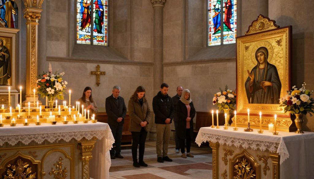 A serene church interior adorned with candles and flowers, reflecting the spirit of the religious holiday, "Bohorodichna," observed on April 7th. In the foreground, a large ornate altar with intricate gold detailing and an icon of the Annunciation perched prominently. Soft, warm golden lighting emanates from the candles, creating a tranquil atmosphere. In the middle ground, a small group of devout individuals dressed in modest casual clothing silently pray, their expressions reflecting reverence and peace. The background features stained glass windows filtering colorful light, casting gentle hues onto the stone walls. The scene conveys a sense of spirituality, tranquility, and respect for the significance of the day dedicated to the memory of St. George the Confessor.