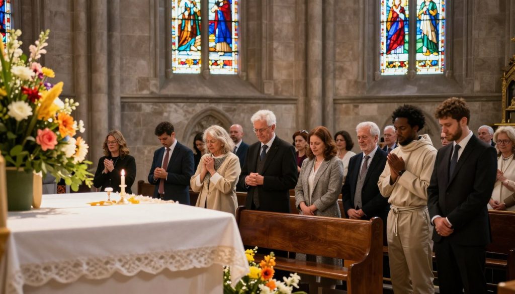 A serene church interior adorned with soft, ethereal lighting, reflecting the atmosphere of a sacred celebration on April 20th. In the foreground, a beautifully decorated altar with lush floral arrangements in vibrant colors signifies a joyful ecclesiastical event. In the middle, a diverse gathering of individuals dressed in respectful, modest attire, engaged in prayer and reflection, their faces expressing serenity and joy. In the background, stained glass windows cast colorful patterns onto the stone walls, enhancing the spiritual ambience. The overall scene should capture a warm, reverent mood, evoking a sense of community and celebration for the church holiday. Use natural lighting to create a divine glow, focusing the lens to highlight the altar and participants in harmonious composition.