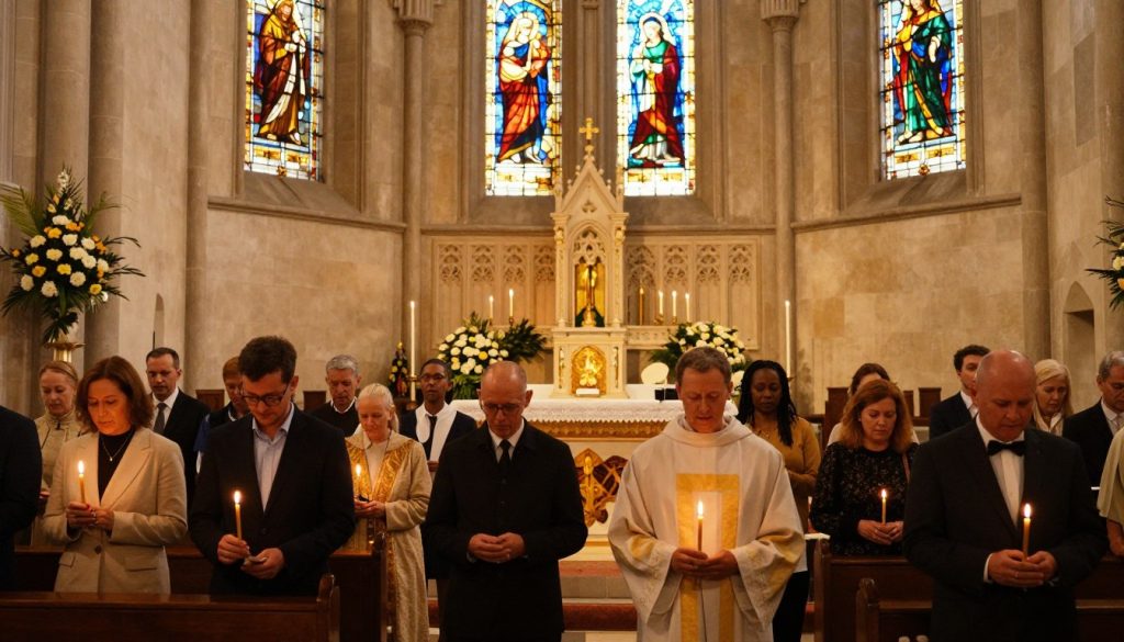 A serene church interior during a religious celebration, bathed in warm, golden light filtering through stained glass windows. In the foreground, a group of diverse people in modest, respectful clothing are gathered in prayer, holding candles and softly singing hymns, their expressions filled with reverence. The middle ground features an ornate altar adorned with floral arrangements and flickering candles, symbolizing the church's traditions. In the background, delicate carvings and architectural details of the church enhance the sacred atmosphere. The lighting creates a tranquil and uplifting mood, capturing the essence of a significant church holiday. Shot from a slightly elevated angle to encompass the congregation and altar, emphasizing the communal spirit of this religious observance. A serene church interior during a religious celebration, bathed in warm, golden light filtering through stained glass windows. In the foreground, a group of diverse people in modest, respectful clothing are gathered in prayer, holding candles and softly singing hymns, their expressions filled with reverence. The middle ground features an ornate altar adorned with floral arrangements and flickering candles, symbolizing the church's traditions. In the background, delicate carvings and architectural details of the church enhance the sacred atmosphere. The lighting creates a tranquil and uplifting mood, capturing the essence of a significant church holiday. Shot from a slightly elevated angle to encompass the congregation and altar, emphasizing the communal spirit of this religious observance.