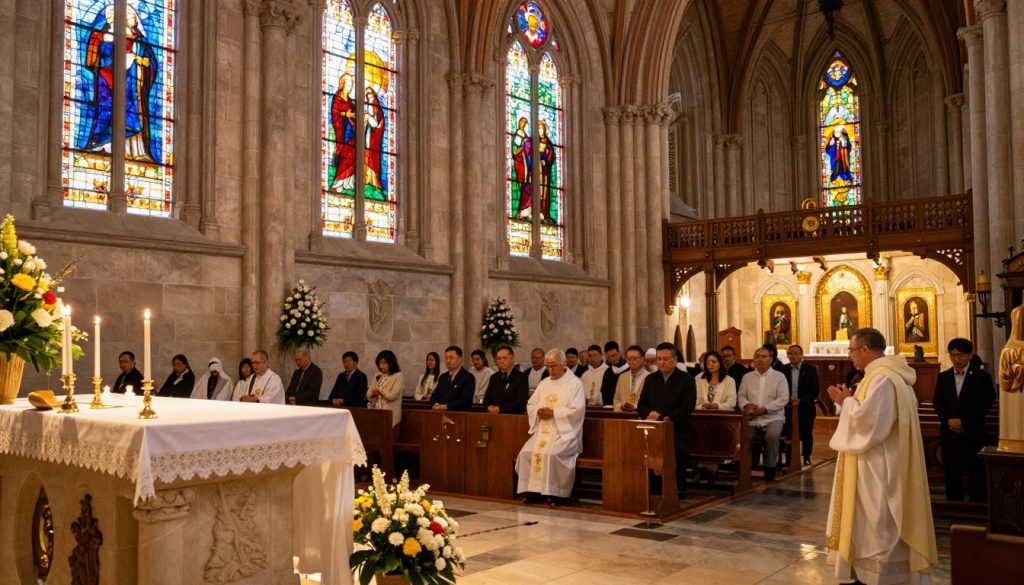 A serene church interior during a vibrant liturgical celebration, with stained glass windows casting colorful reflections on the stone walls. In the foreground, a beautifully adorned altar with candles and fresh flowers, symbolizing the spiritual atmosphere of the day. The middle ground features worshippers in modest attire, engaged in prayer and reflection, conveying a sense of community and reverence. In the background, a softly lit nave with wooden beams and golden icons, all bathed in warm, inviting light. The overall mood is one of peace and devotion, encapsulating the essence of a church holiday. Use a wide-angle lens to capture the grandeur of the space and highlight the warm, soft lighting.