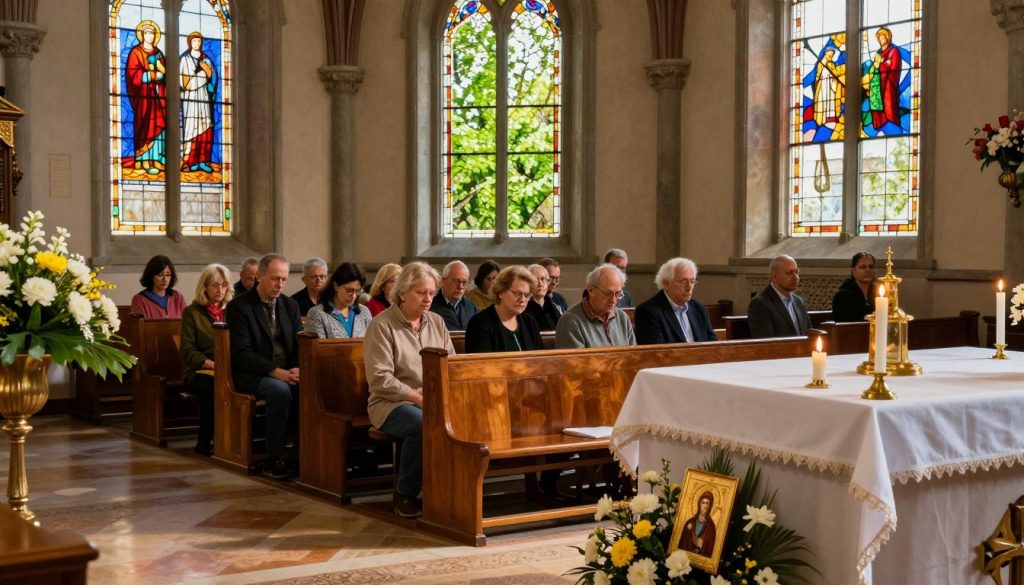 A serene church interior, illuminated by soft, warm light filtering through stained glass windows, casting colorful reflections on polished wooden pews. In the foreground, a beautifully decorated altar adorned with white and yellow flowers, candles, and a small icon of a saint associated with May name days. In the middle ground, a congregation of modestly dressed individuals, engaged in a prayer or reflection, creating a sense of community and reverence. In the background, lush greenery visible through the windows, suggesting the beauty of spring. The atmosphere is calm and spiritual, evoking a sense of celebration for the church festival, with a focus on tradition and gratitude. No text, no overlays.