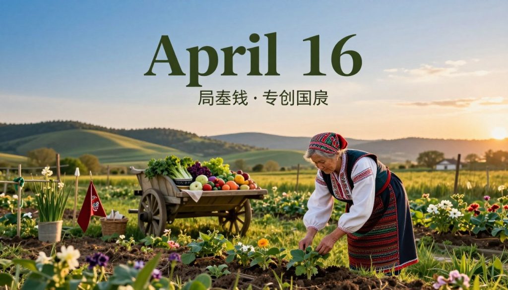 A serene countryside scene depicting traditional folk signs and customs associated with April 16. In the foreground, an elder woman in modest, colorful attire tends to a garden, symbolizing the arrival of spring with blooming flowers and vibrant greenery. The middle ground features various rustic elements like a wooden cart filled with fresh produce and handmade crafts, representing seasonal abundance. In the background, rolling hills under a clear blue sky transition to gentle sunset hues, casting warm golden light across the landscape. The atmosphere is peaceful and nostalgic, evoking a sense of community and heritage. The image should focus on natural beauty and cultural richness, emphasizing the hopeful spirit of traditions celebrated on this day. A serene countryside scene depicting traditional folk signs and customs associated with April 16. In the foreground, an elder woman in modest, colorful attire tends to a garden, symbolizing the arrival of spring with blooming flowers and vibrant greenery. The middle ground features various rustic elements like a wooden cart filled with fresh produce and handmade crafts, representing seasonal abundance. In the background, rolling hills under a clear blue sky transition to gentle sunset hues, casting warm golden light across the landscape. The atmosphere is peaceful and nostalgic, evoking a sense of community and heritage. The image should focus on natural beauty and cultural richness, emphasizing the hopeful spirit of traditions celebrated on this day.
