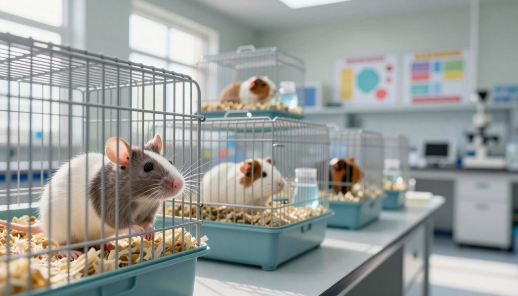 A serene laboratory setting featuring various laboratory animals such as mice, rats, and guinea pigs in neatly organized cages. In the foreground, a close-up of a curious mouse peering out through its cage bars, with soft lighting highlighting its features. In the middle, several cages are arranged on shelves filled with clean bedding, food, and water, creating an atmosphere of care and professionalism. The background showcases a well-lit, sterile lab environment with scientific equipment and colorful charts on the walls. The overall mood is calm and focused, emphasizing the role of animal research in advancing science, with natural light streaming in to create a warm and inviting ambiance. A serene laboratory setting featuring various laboratory animals such as mice, rats, and guinea pigs in neatly organized cages. In the foreground, a close-up of a curious mouse peering out through its cage bars, with soft lighting highlighting its features. In the middle, several cages are arranged on shelves filled with clean bedding, food, and water, creating an atmosphere of care and professionalism. The background showcases a well-lit, sterile lab environment with scientific equipment and colorful charts on the walls. The overall mood is calm and focused, emphasizing the role of animal research in advancing science, with natural light streaming in to create a warm and inviting ambiance.