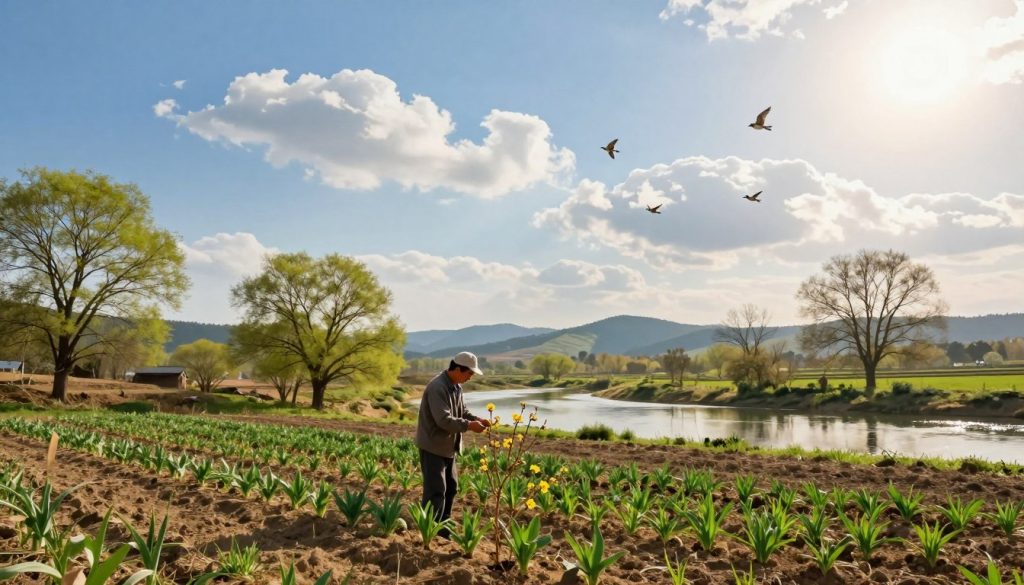 A serene landscape depicting traditional weather signs in a rural setting on March 9th. In the foreground, a clear blue sky with fluffy white clouds and a gentle sun shining down, symbolizing a pleasant spring day. In the middle ground, a farmer in modest casual clothing examines budding flowers and healthy crops, representing growth and renewal. Surrounding trees show fresh green leaves, while birds fly joyfully overhead. In the background, distant rolling hills and a tranquil river reflect the clear sky. The atmosphere is calm and hopeful, evoking a sense of connection with nature and the changing seasons. The lighting is warm and inviting, casting soft shadows that enhance the peaceful scene. No text or human imperfections included. A serene landscape depicting traditional weather signs in a rural setting on March 9th. In the foreground, a clear blue sky with fluffy white clouds and a gentle sun shining down, symbolizing a pleasant spring day. In the middle ground, a farmer in modest casual clothing examines budding flowers and healthy crops, representing growth and renewal. Surrounding trees show fresh green leaves, while birds fly joyfully overhead. In the background, distant rolling hills and a tranquil river reflect the clear sky. The atmosphere is calm and hopeful, evoking a sense of connection with nature and the changing seasons. The lighting is warm and inviting, casting soft shadows that enhance the peaceful scene. No text or human imperfections included.