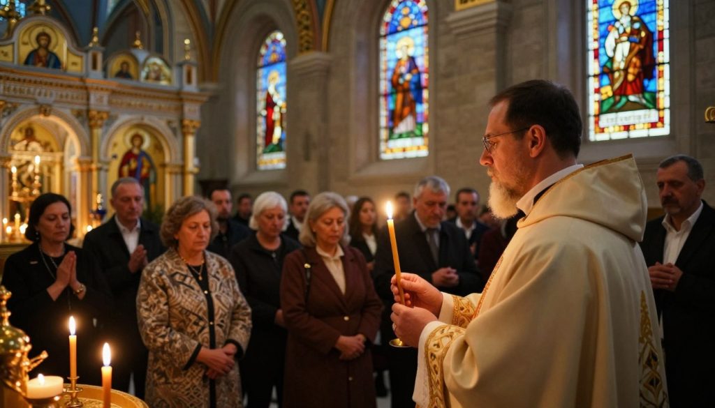 A serene Orthodox church adorned with vibrant icons and candles, set during a gentle evening glow. In the foreground, a priest in modest religious attire is holding a lit candle, embodying reverence and spirituality. The middle ground features worshippers of diverse backgrounds, dressed in respectful, modest clothing, engaged in prayer and reflection. The background shows the warm light filtering through stained glass windows, casting colorful patterns on the stone walls. Soft shadows create an atmosphere of tranquility and worship. The scene captures the essence of the Feast of Saint Simeon, invoking feelings of peace, faith, and community, perfect for illustrating an Orthodox Christian celebration.
