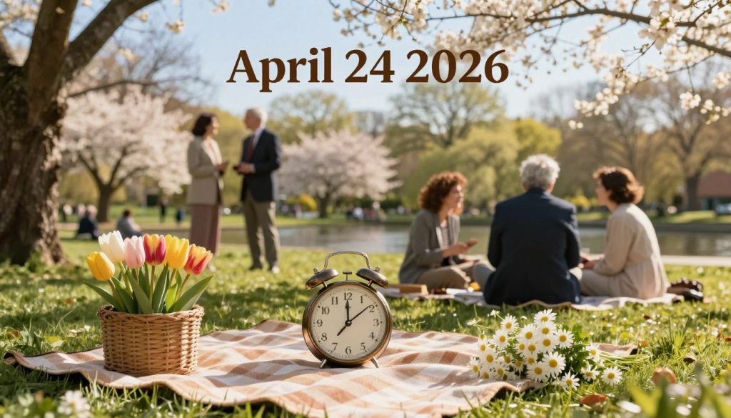 A serene outdoor scene depicting the essence of April 24, 2026, focusing on the unique character of the day. In the foreground, a cozy picnic setup with a checkered blanket, a vintage clock showing the time, and seasonal flowers like tulips and daisies to symbolize spring. In the middle ground, a calm park setting with people of various ages dressed in professional attire engaged in conversation and enjoying the day’s warmth. The background features soft, blooming trees under a clear blue sky, casting dappled sunlight that creates an inviting atmosphere. The scene should evoke a sense of reflection and hope, indicative of historical significance, with a warm golden hour glow to enhance the mood. A serene outdoor scene depicting the essence of April 24, 2026, focusing on the unique character of the day. In the foreground, a cozy picnic setup with a checkered blanket, a vintage clock showing the time, and seasonal flowers like tulips and daisies to symbolize spring. In the middle ground, a calm park setting with people of various ages dressed in professional attire engaged in conversation and enjoying the day’s warmth. The background features soft, blooming trees under a clear blue sky, casting dappled sunlight that creates an inviting atmosphere. The scene should evoke a sense of reflection and hope, indicative of historical significance, with a warm golden hour glow to enhance the mood.