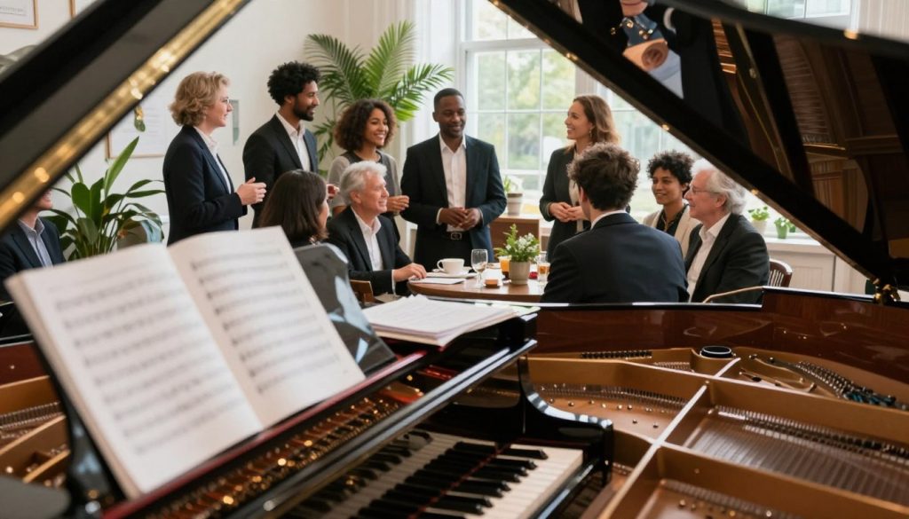 A serene piano scene depicting "Piano Day" celebration. In the foreground, a beautifully polished grand piano sits open with sheet music scattered on top, reflecting elegant wood tones and a soft sheen. In the middle ground, a group of people of diverse backgrounds gather, dressed in professional business attire, engaged in joyful conversation while some are gently playing the piano. Lush indoor plants and decorations fill the background, creating a warm, inviting atmosphere. Soft, natural lighting filters through large windows, casting a gentle glow over the scene. The overall mood is festive and celebratory, capturing the essence of music and unity. A serene piano scene depicting "Piano Day" celebration. In the foreground, a beautifully polished grand piano sits open with sheet music scattered on top, reflecting elegant wood tones and a soft sheen. In the middle ground, a group of people of diverse backgrounds gather, dressed in professional business attire, engaged in joyful conversation while some are gently playing the piano. Lush indoor plants and decorations fill the background, creating a warm, inviting atmosphere. Soft, natural lighting filters through large windows, casting a gentle glow over the scene. The overall mood is festive and celebratory, capturing the essence of music and unity.