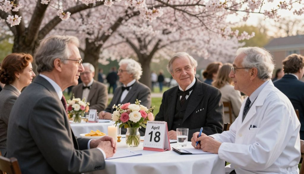 A serene scene depicting a gathering of notable people from different eras celebrating the significance of April 18th. In the foreground, three prominent historical figures are engaged in conversation, dressed in professional business attire that reflects their respective time periods—one in a tailored suit, another in 19th-century formal wear, and a scientist in a lab coat. The middle ground features an elegant table adorned with flowers, candles, and a calendar marked with April 18. The background depicts a park with blooming cherry blossoms, symbolizing renewal and the passage of time, under soft, golden afternoon light. The mood is joyful and contemplative, highlighting the importance of the day and its historical significance. The angle is slightly elevated to capture the vibrancy of the scene without any text or distractions.