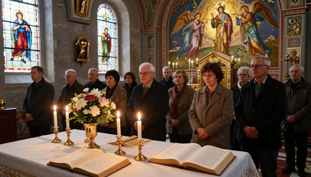 A serene scene depicting a traditional Orthodox church interior filled with soft, warm light filtering through stained glass windows, illuminating the intricate religious artifacts. In the foreground, a beautiful altar adorned with candles and fresh flowers symbolizes the celebration of a name day, surrounded by prayer books open to pages with handwritten notes on names and saints. In the middle ground, worshippers, dressed in modest casual attire, are seen participating in a ceremonial observation, their expressions reflecting reverence and joy. The background features a beautifully detailed fresco, showcasing angelic figures celebrating the occasion with an ethereal glow. Overall, the atmosphere is tranquil and reverent, capturing the essence of a spiritual celebration on March 31, 2026.