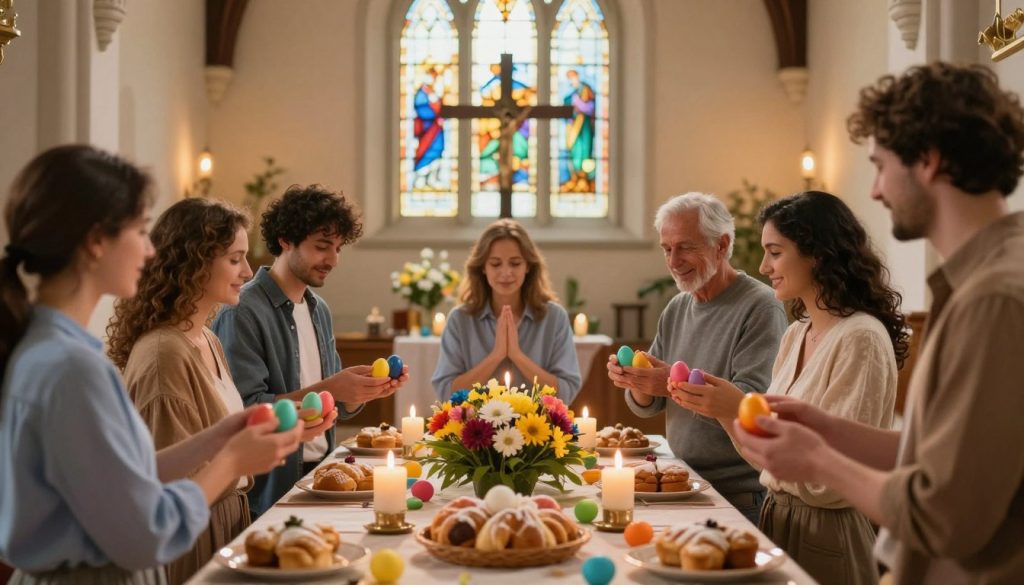 A serene scene depicting religious events on April 19, 2026, featuring a vibrant Easter celebration. In the foreground, a diverse group of people, dressed in modest casual clothing, joyfully participate in a community gathering. They're exchanging colorful Easter eggs and sharing traditional baked goods. In the middle ground, beautiful decorations of flowers and candles create a warm, inviting atmosphere. A small table is adorned with symbolic religious artifacts, like a cross and a candle lit in prayer. The background showcases a picturesque church with stained glass windows, softly illuminated by warm, early morning light, casting a gentle glow. The overall mood is one of joy, unity, and reverence, capturing the essence of the religious observance.