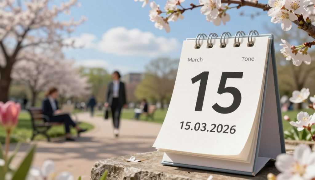 A serene scene depicting the essence of March 15, 2026. In the foreground, an elegant calendar page flutters in a gentle breeze, showcasing the date “15.03.2026” prominently. Surrounding the calendar, soft blooming flowers symbolize springtime, their bright colors adding a sense of vibrancy. In the middle ground, a tranquil park setting with people engaging in leisurely activities, dressed in professional business attire, capturing a balance of work and relaxation. In the background, a clear blue sky with fluffy white clouds complements the uplifting atmosphere. Soft sunlight filters through the trees, casting dappled shadows on the ground, creating a welcoming and harmonious mood. The overall composition reflects the importance of the date, inviting viewers to contemplate the day’s significance and celebrations.