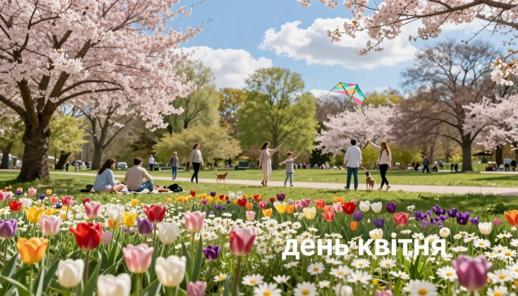 A serene spring day in April, capturing the essence of "день квітня." The foreground features a vibrant field of blooming flowers in various colors, including tulips, daisies, and cherry blossoms, signifying renewal and celebration. Moving to the middle ground, a tranquil park scene with people dressed in light, modest casual clothing enjoying the day — some having a picnic, others walking dogs, and a family playing with a kite. The background showcases a clear blue sky dotted with fluffy white clouds and lush spring greenery. Soft sunlight filters through the trees, casting gentle shadows, creating a warm and inviting atmosphere. The overall mood is joyful and peaceful, representing a perfect April day filled with hope and new beginnings. A serene spring day in April, capturing the essence of "день квітня." The foreground features a vibrant field of blooming flowers in various colors, including tulips, daisies, and cherry blossoms, signifying renewal and celebration. Moving to the middle ground, a tranquil park scene with people dressed in light, modest casual clothing enjoying the day — some having a picnic, others walking dogs, and a family playing with a kite. The background showcases a clear blue sky dotted with fluffy white clouds and lush spring greenery. Soft sunlight filters through the trees, casting gentle shadows, creating a warm and inviting atmosphere. The overall mood is joyful and peaceful, representing a perfect April day filled with hope and new beginnings.