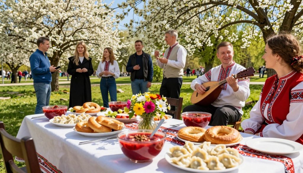 A serene spring day in Ukraine, celebrating the national holidays of March 6, 2026. In the foreground, a vibrant traditional Ukrainian table filled with festive dishes, like borscht, pampushky, and varenyky, adorned with colorful flowers. In the middle ground, locals dressed in smart casual attire, engaging in joyful conversations and enjoying the day, with one musician playing a bandura. The background features a lush green park with blooming cherry blossom trees under a clear blue sky, sunlight filtering through the leaves, creating a warm and inviting atmosphere. The composition uses a slight overhead angle, emphasizing the lively scene while capturing the essence of cultural celebration. A serene spring day in Ukraine, celebrating the national holidays of March 6, 2026. In the foreground, a vibrant traditional Ukrainian table filled with festive dishes, like borscht, pampushky, and varenyky, adorned with colorful flowers. In the middle ground, locals dressed in smart casual attire, engaging in joyful conversations and enjoying the day, with one musician playing a bandura. The background features a lush green park with blooming cherry blossom trees under a clear blue sky, sunlight filtering through the leaves, creating a warm and inviting atmosphere. The composition uses a slight overhead angle, emphasizing the lively scene while capturing the essence of cultural celebration.